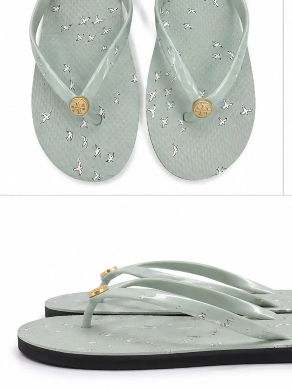 Tory Burch Mint Green Bird Print Flip Flops Sandals Logo Thong Slides - Picture 3 of 3